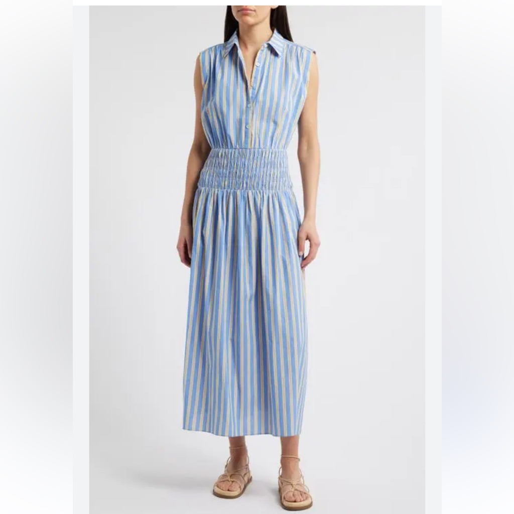 Saylor Edna Stripe Cotton Poplin Blue And White Striped Midi Dress L